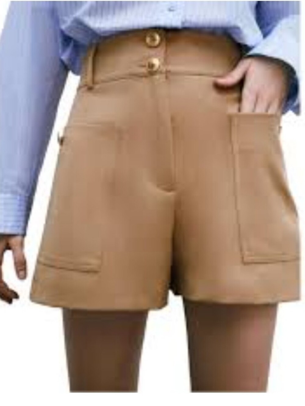 Zara Camel Tan High Waisted Button Shorts Gold Buttons Bermuda Sz XXL